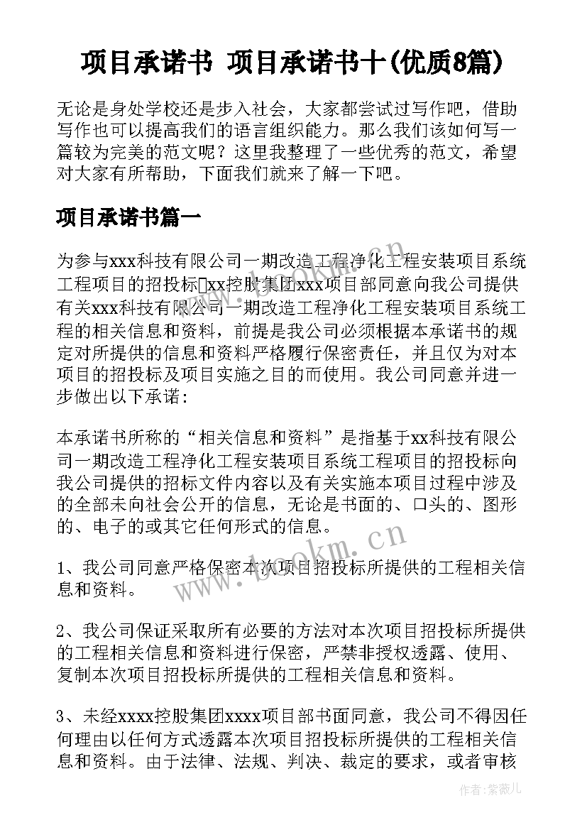 项目承诺书 项目承诺书十(优质8篇)