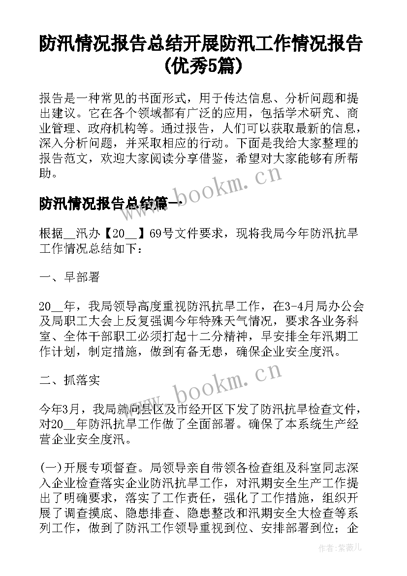 防汛情况报告总结 开展防汛工作情况报告(优秀5篇)