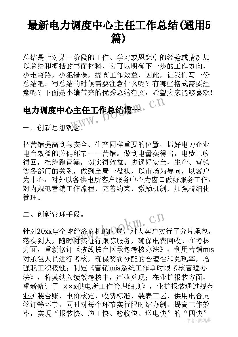 最新电力调度中心主任工作总结(通用5篇)