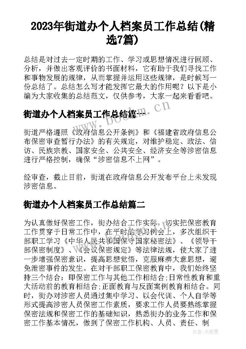 2023年街道办个人档案员工作总结(精选7篇)