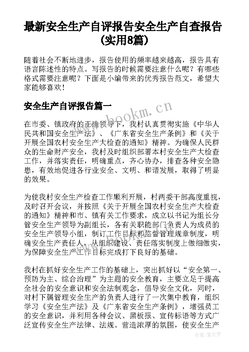 最新安全生产自评报告 安全生产自查报告(实用8篇)