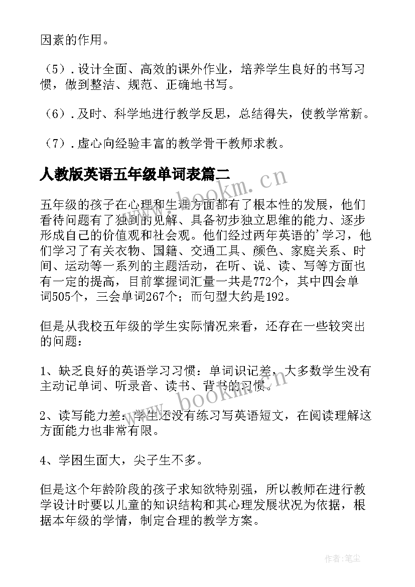 2023年人教版英语五年级单词表 五年级英语教学计划(优质7篇)