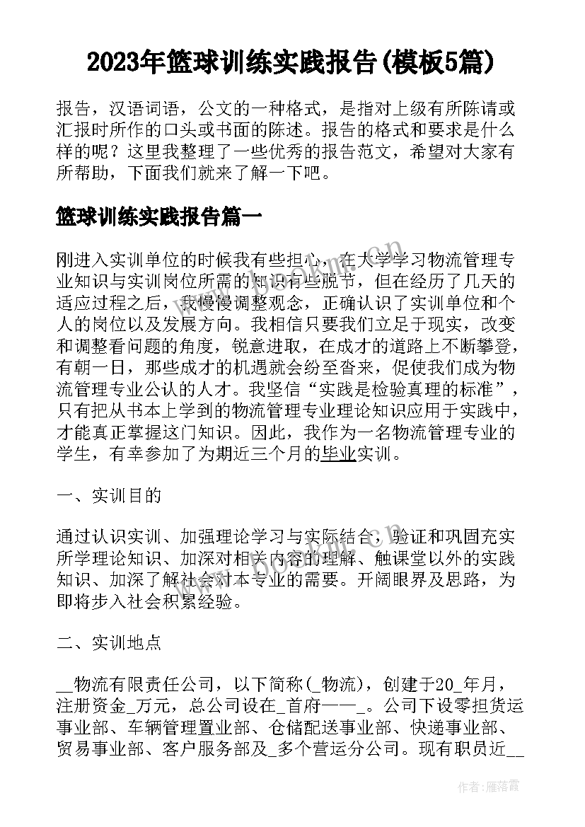 2023年篮球训练实践报告(模板5篇)