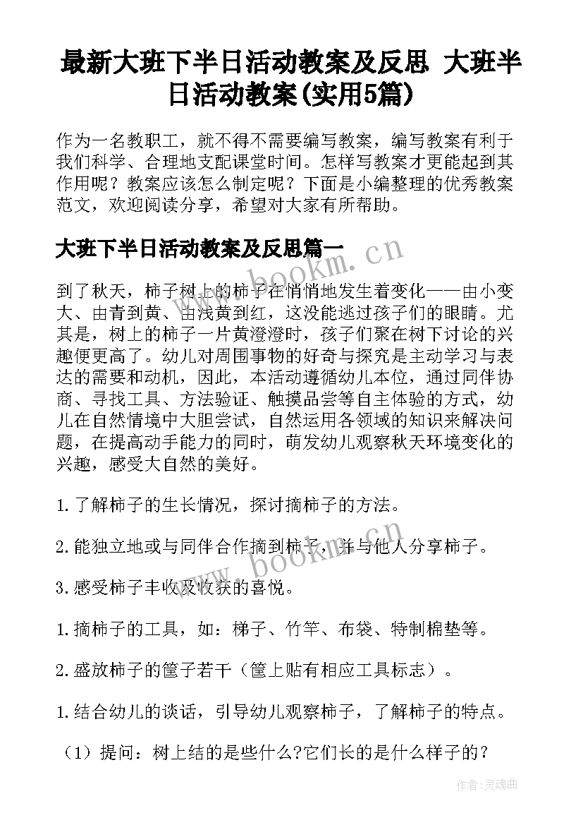 最新大班下半日活动教案及反思 大班半日活动教案(实用5篇)