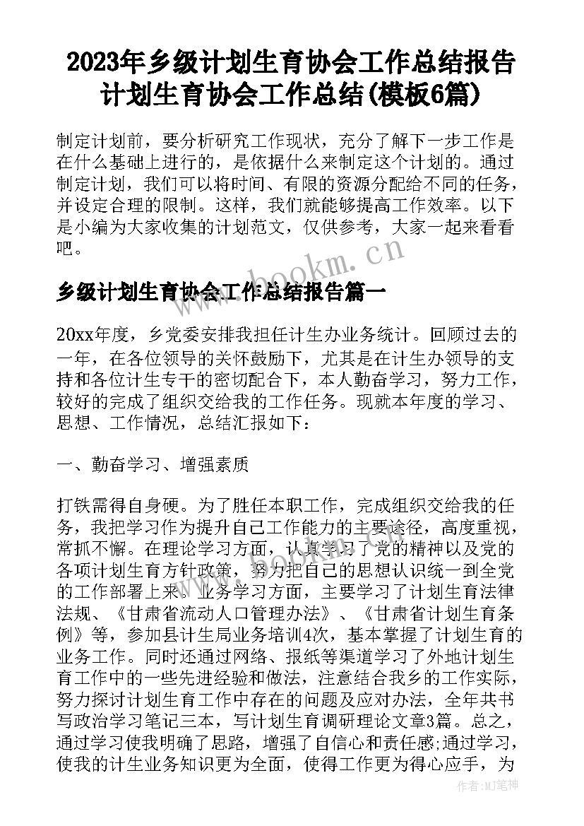 2023年乡级计划生育协会工作总结报告 计划生育协会工作总结(模板6篇)