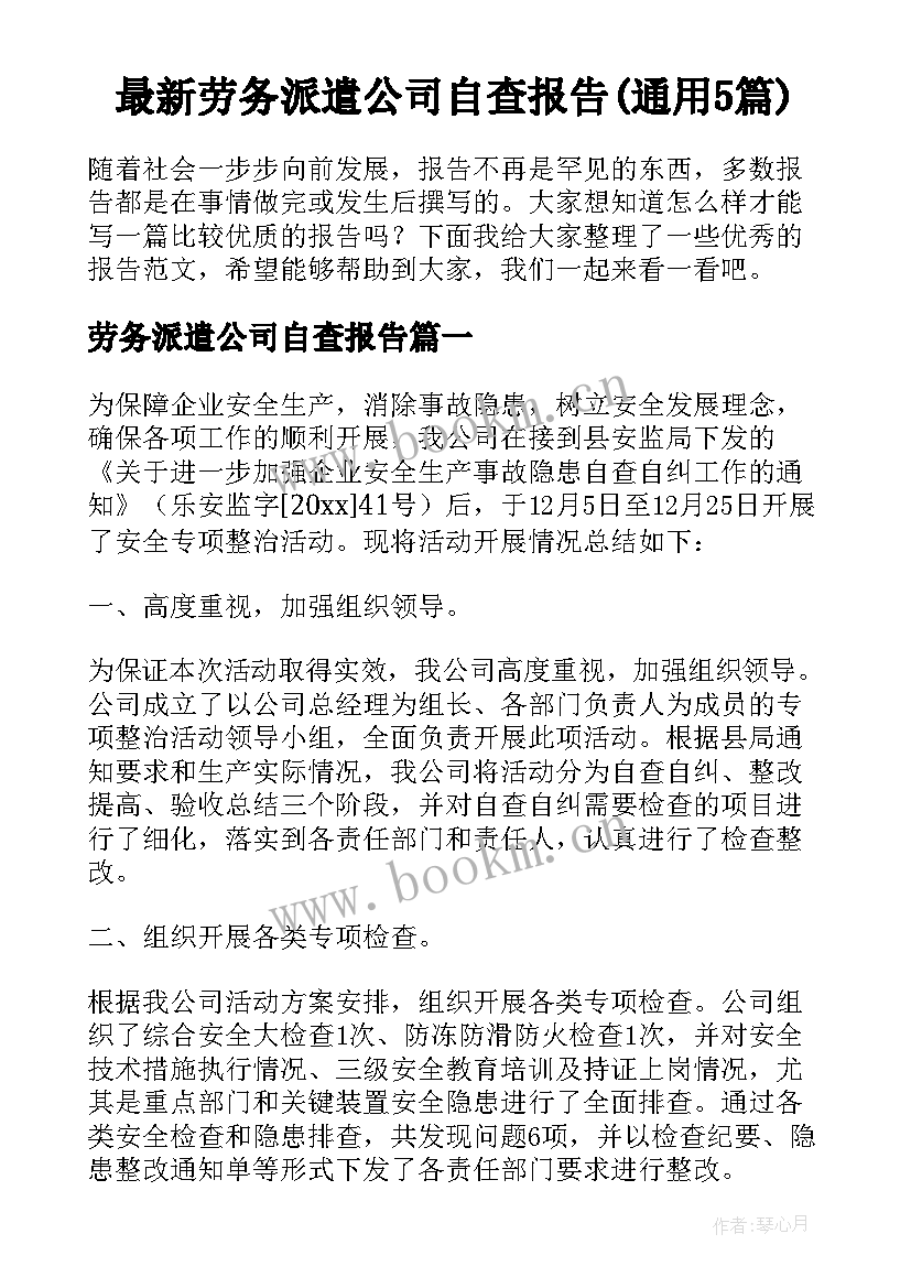 最新劳务派遣公司自查报告(通用5篇)