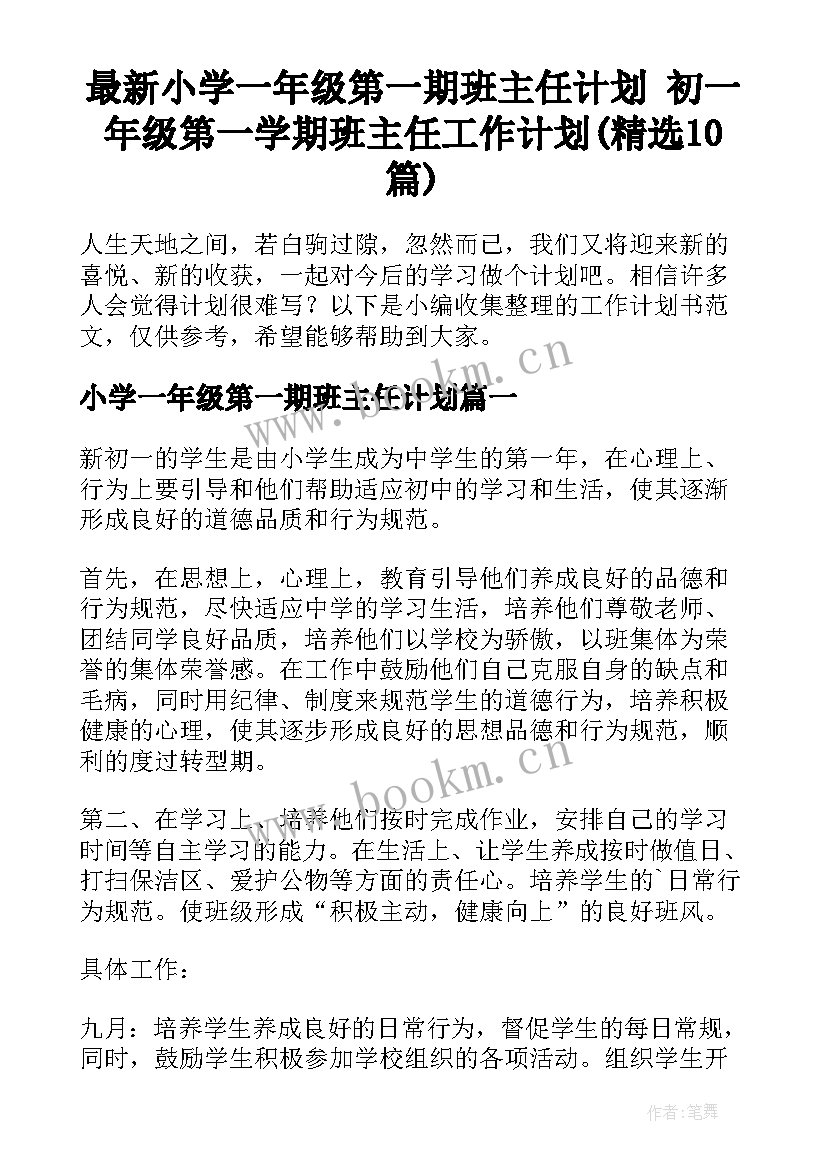 最新小学一年级第一期班主任计划 初一年级第一学期班主任工作计划(精选10篇)