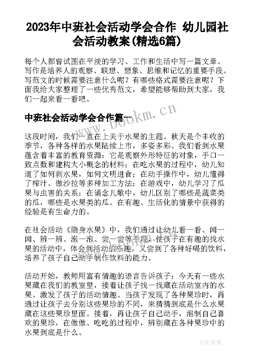 2023年中班社会活动学会合作 幼儿园社会活动教案(精选6篇)