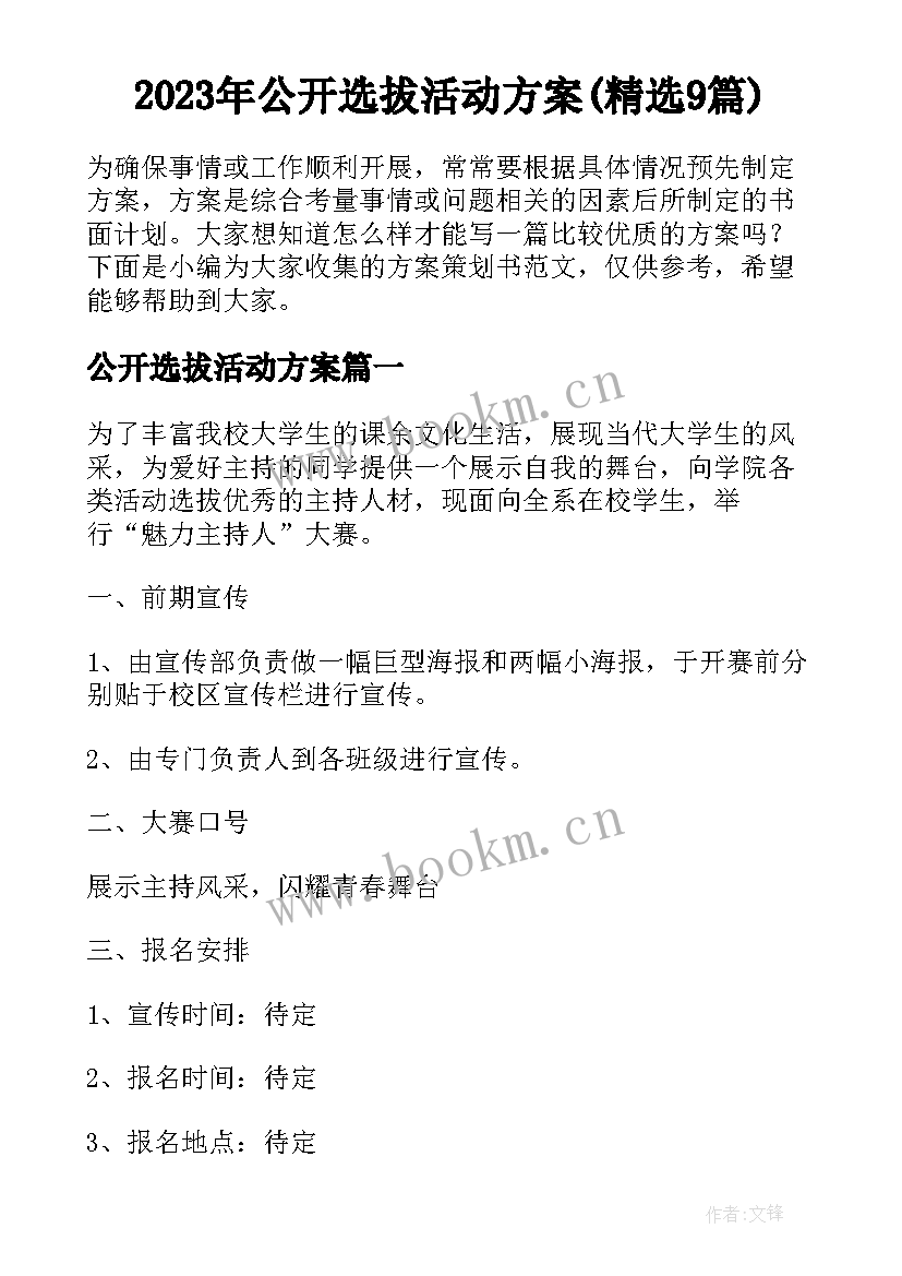 2023年公开选拔活动方案(精选9篇)