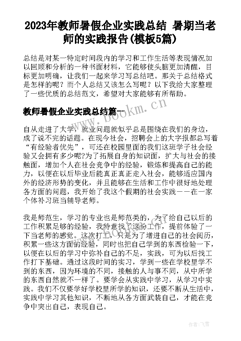 2023年教师暑假企业实践总结 暑期当老师的实践报告(模板5篇)