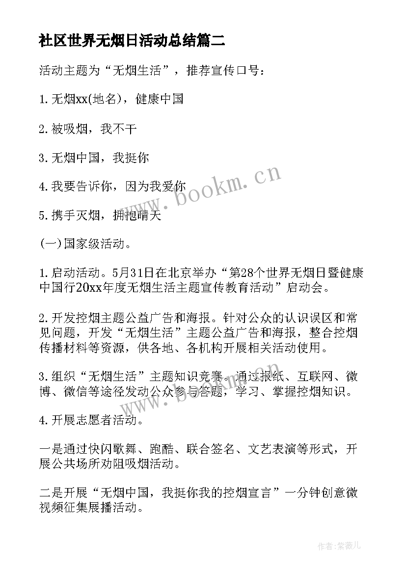 2023年社区世界无烟日活动总结 世界无烟日活动计划(实用5篇)