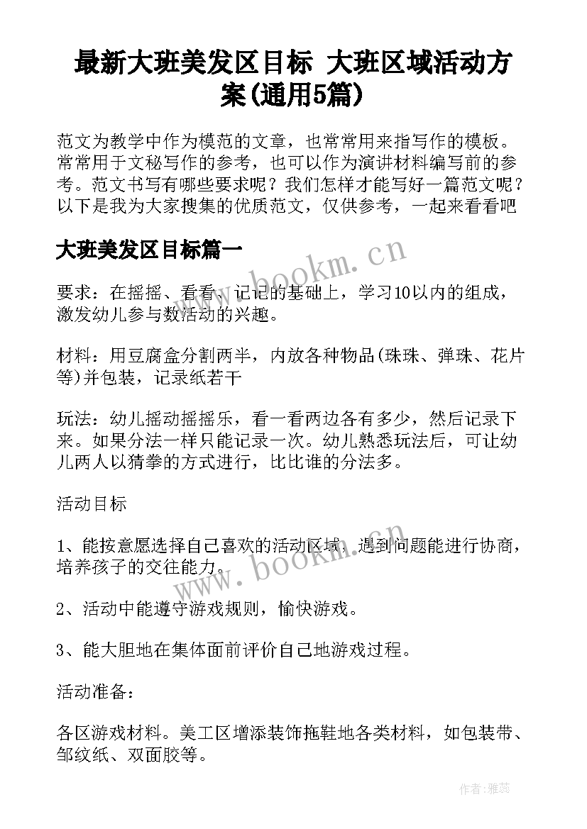 最新大班美发区目标 大班区域活动方案(通用5篇)