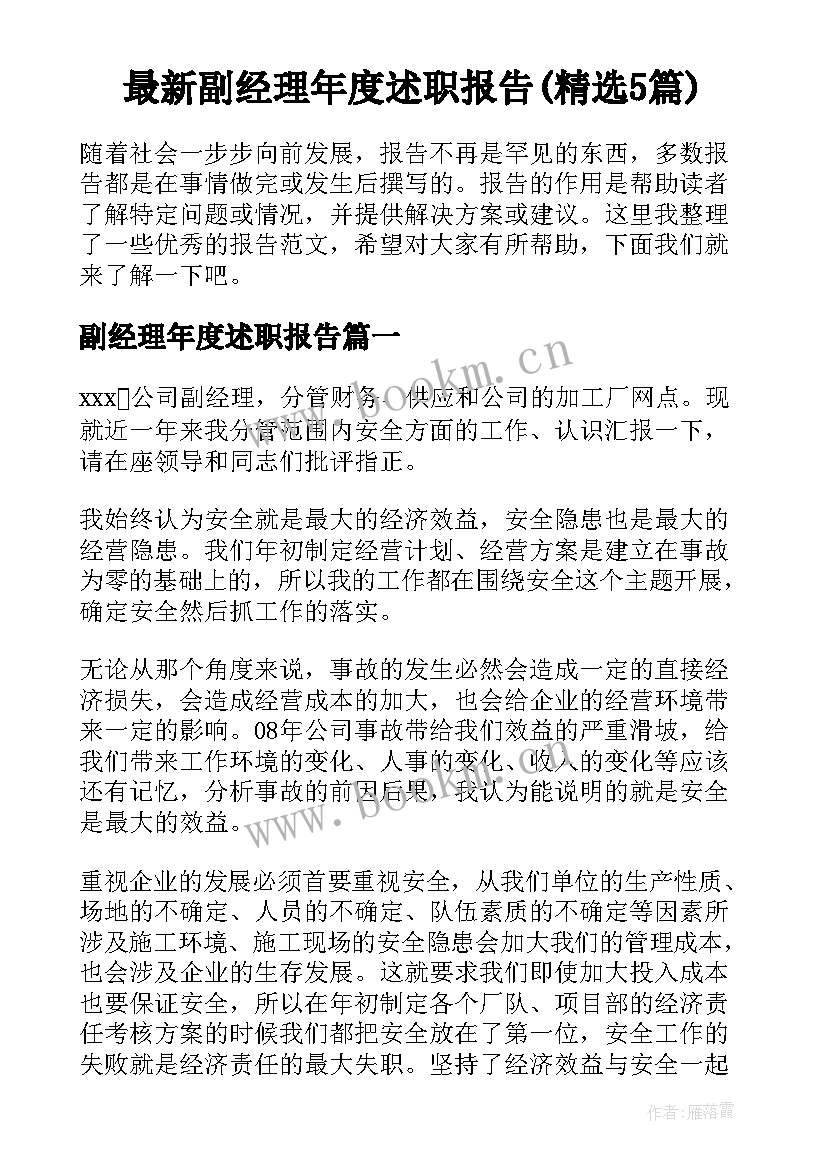 最新副经理年度述职报告(精选5篇)