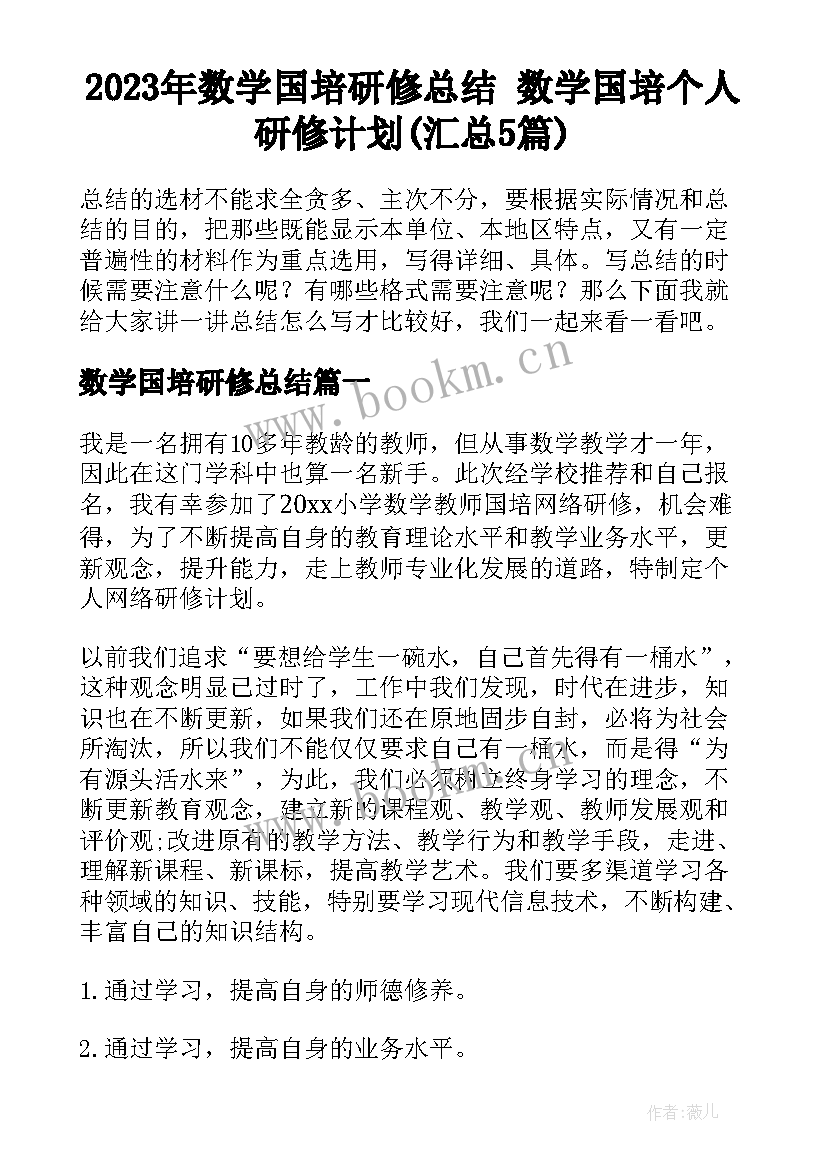 2023年数学国培研修总结 数学国培个人研修计划(汇总5篇)