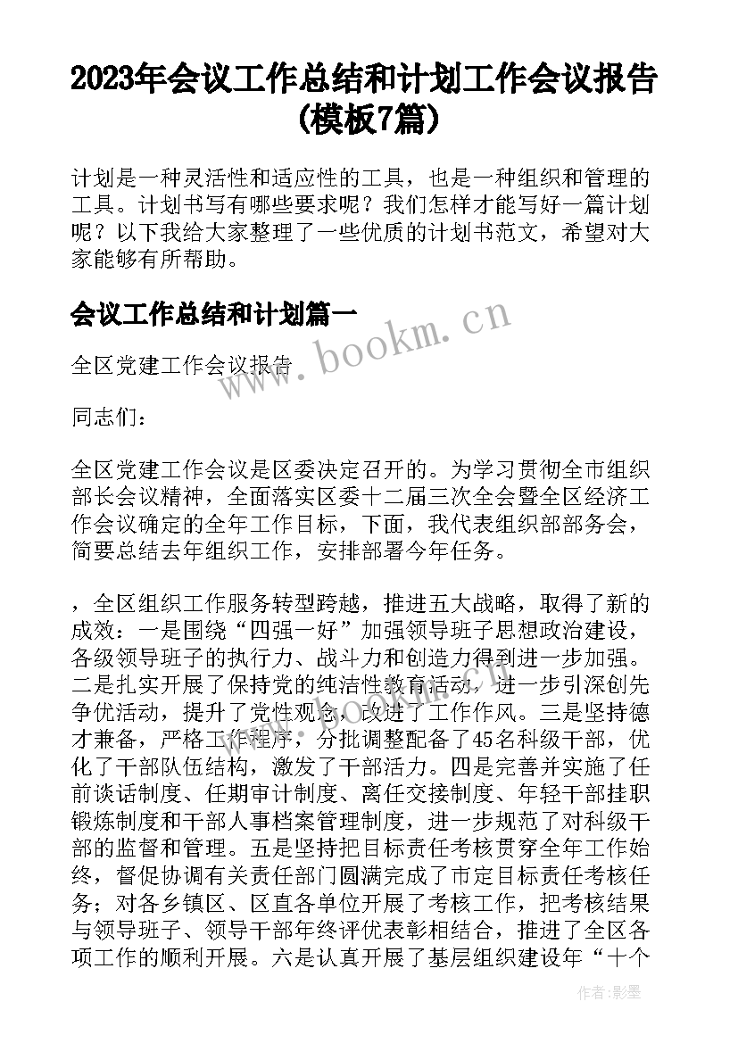 2023年会议工作总结和计划 工作会议报告(模板7篇)