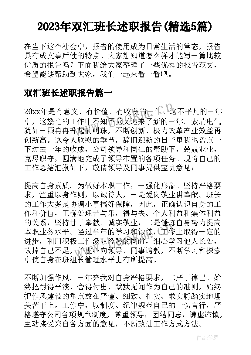 2023年双汇班长述职报告(精选5篇)