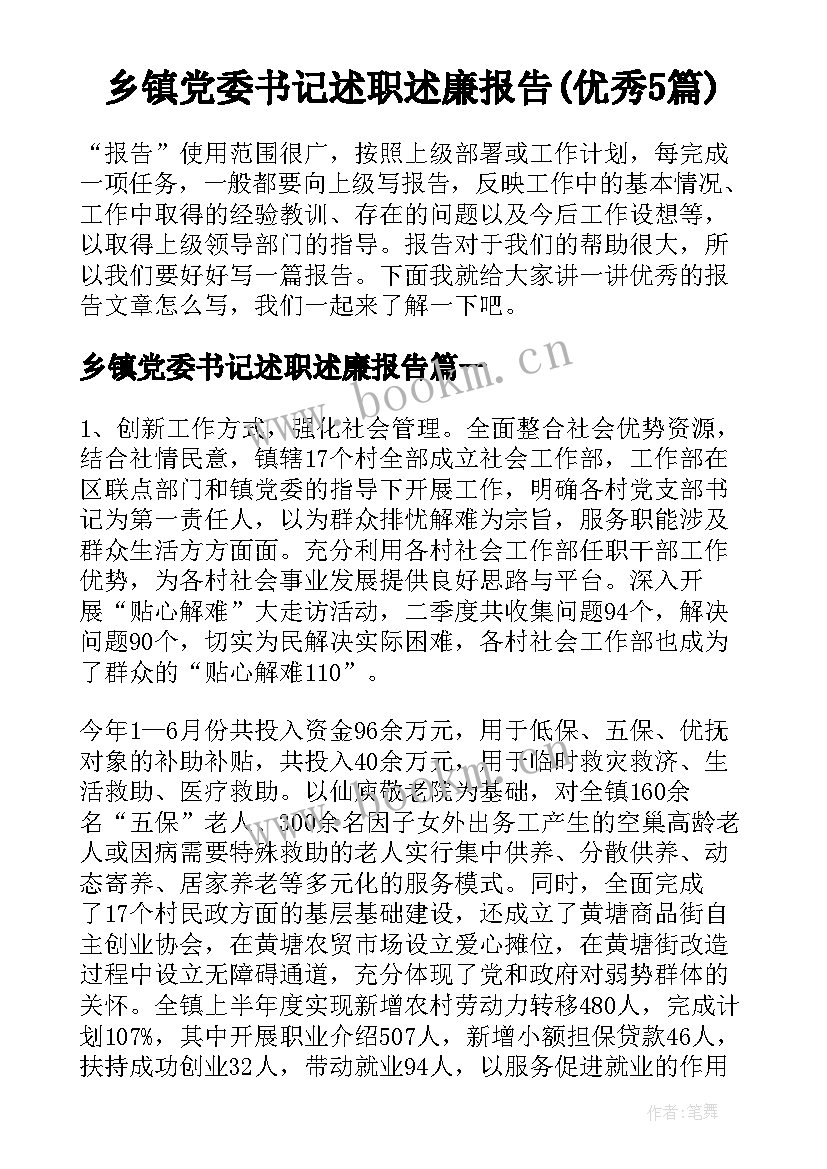 乡镇党委书记述职述廉报告(优秀5篇)