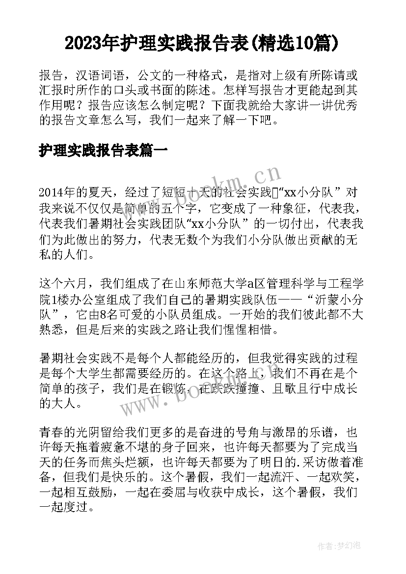 2023年护理实践报告表(精选10篇)