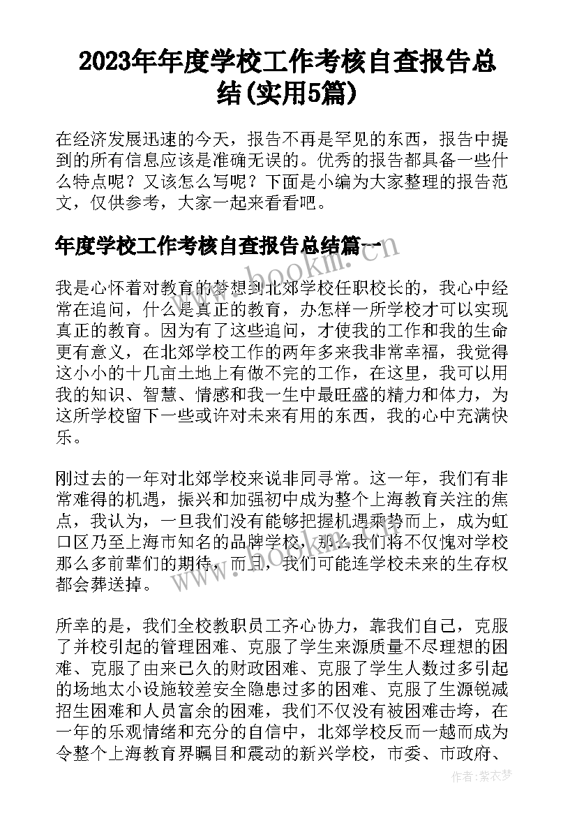 2023年年度学校工作考核自查报告总结(实用5篇)