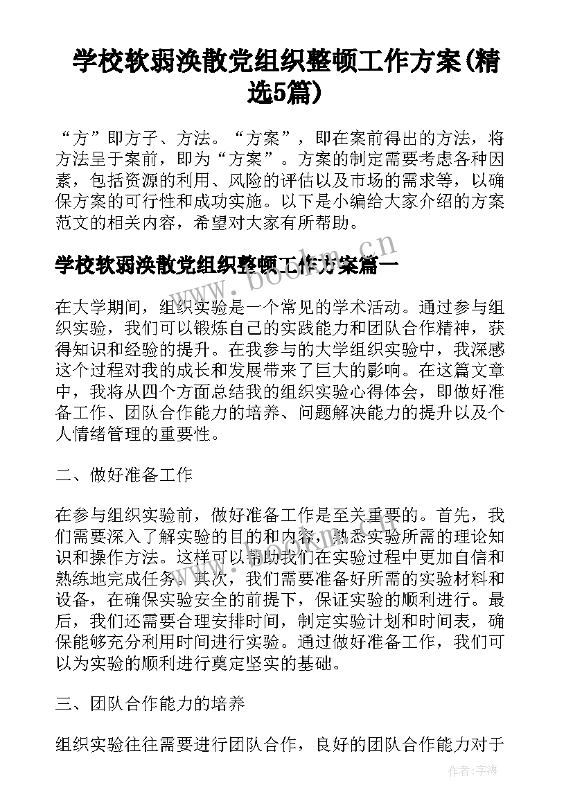 学校软弱涣散党组织整顿工作方案(精选5篇)