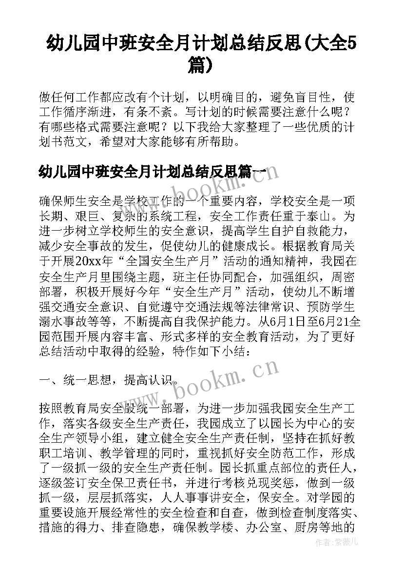 幼儿园中班安全月计划总结反思(大全5篇)