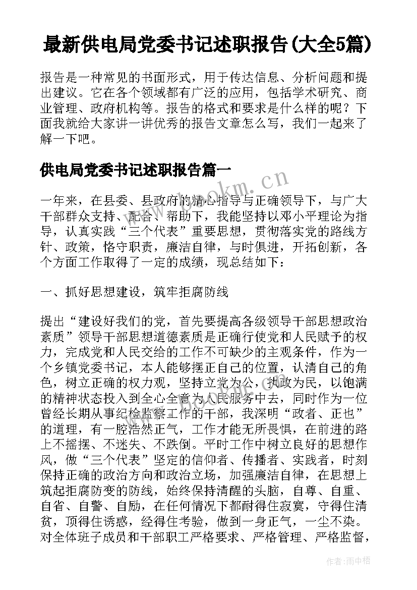 最新供电局党委书记述职报告(大全5篇)