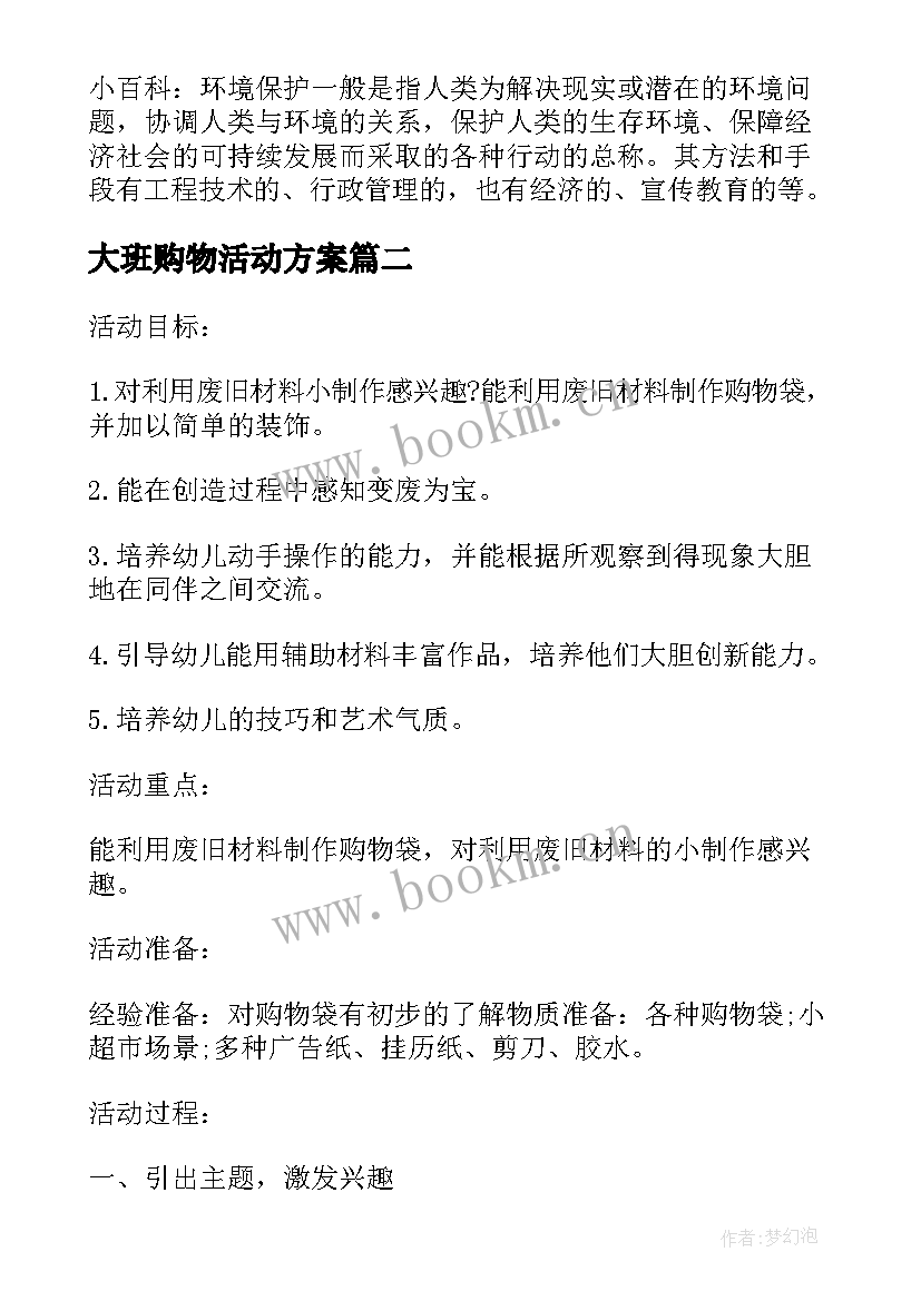 最新大班购物活动方案 大班美术活动环保购物袋(实用5篇)