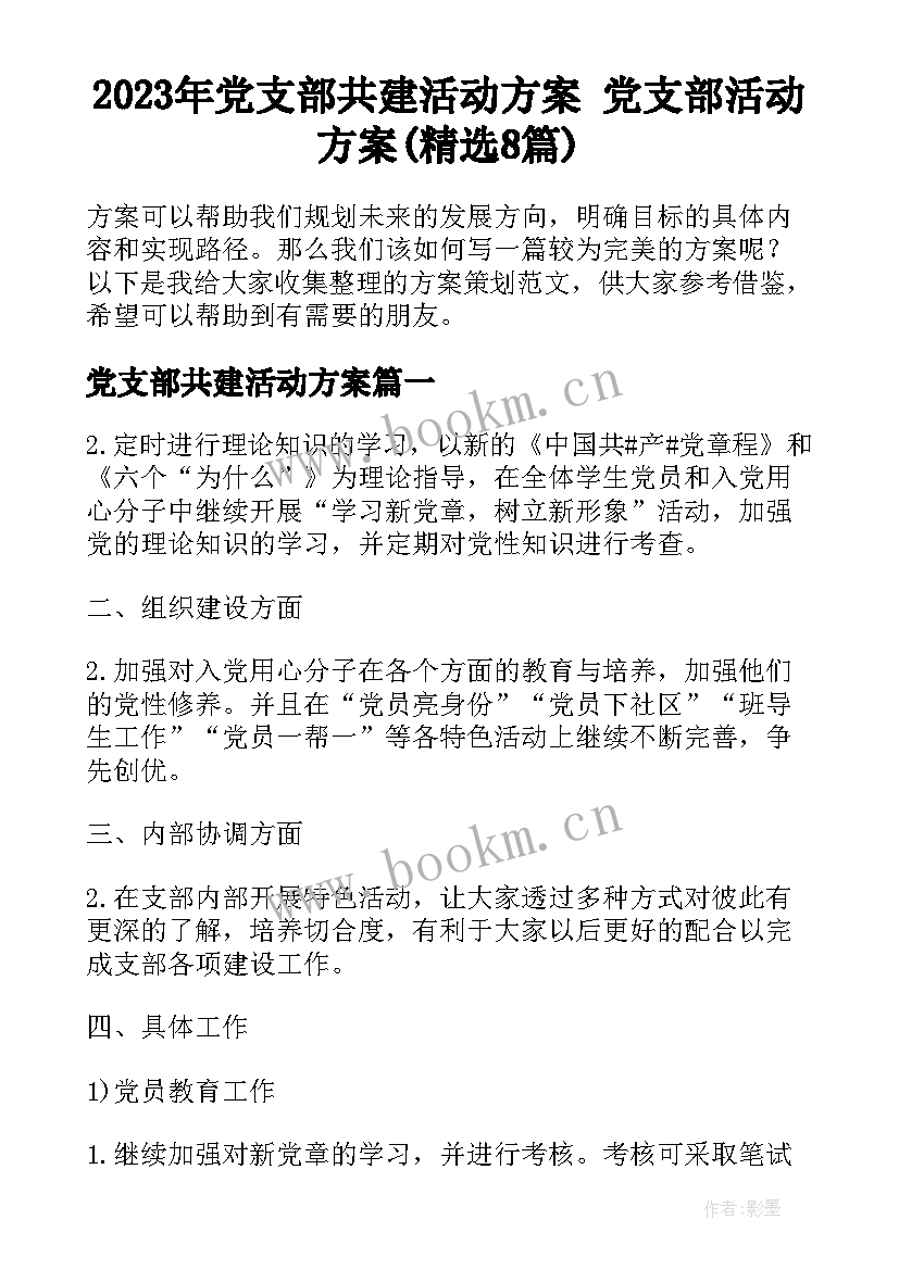 2023年党支部共建活动方案 党支部活动方案(精选8篇)