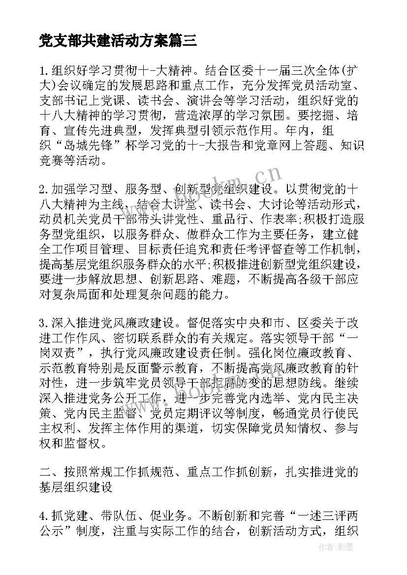 2023年党支部共建活动方案 党支部活动方案(精选8篇)