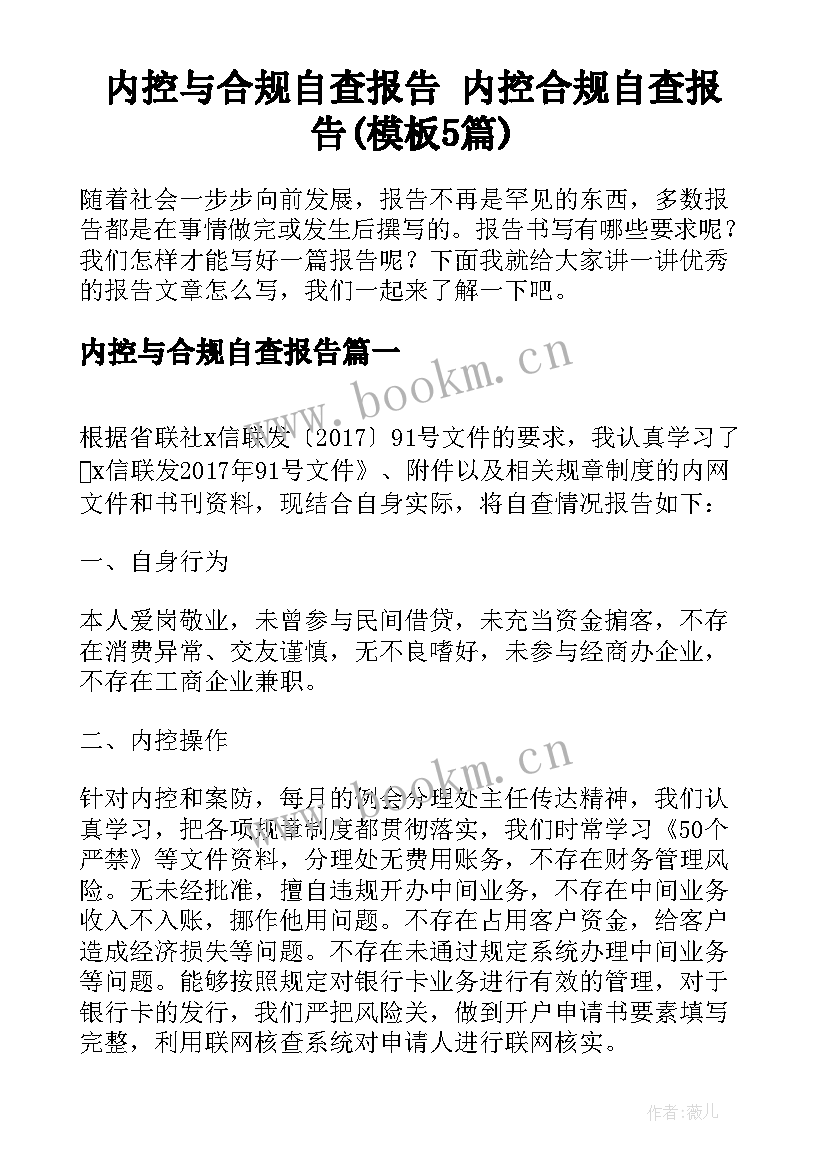 内控与合规自查报告 内控合规自查报告(模板5篇)