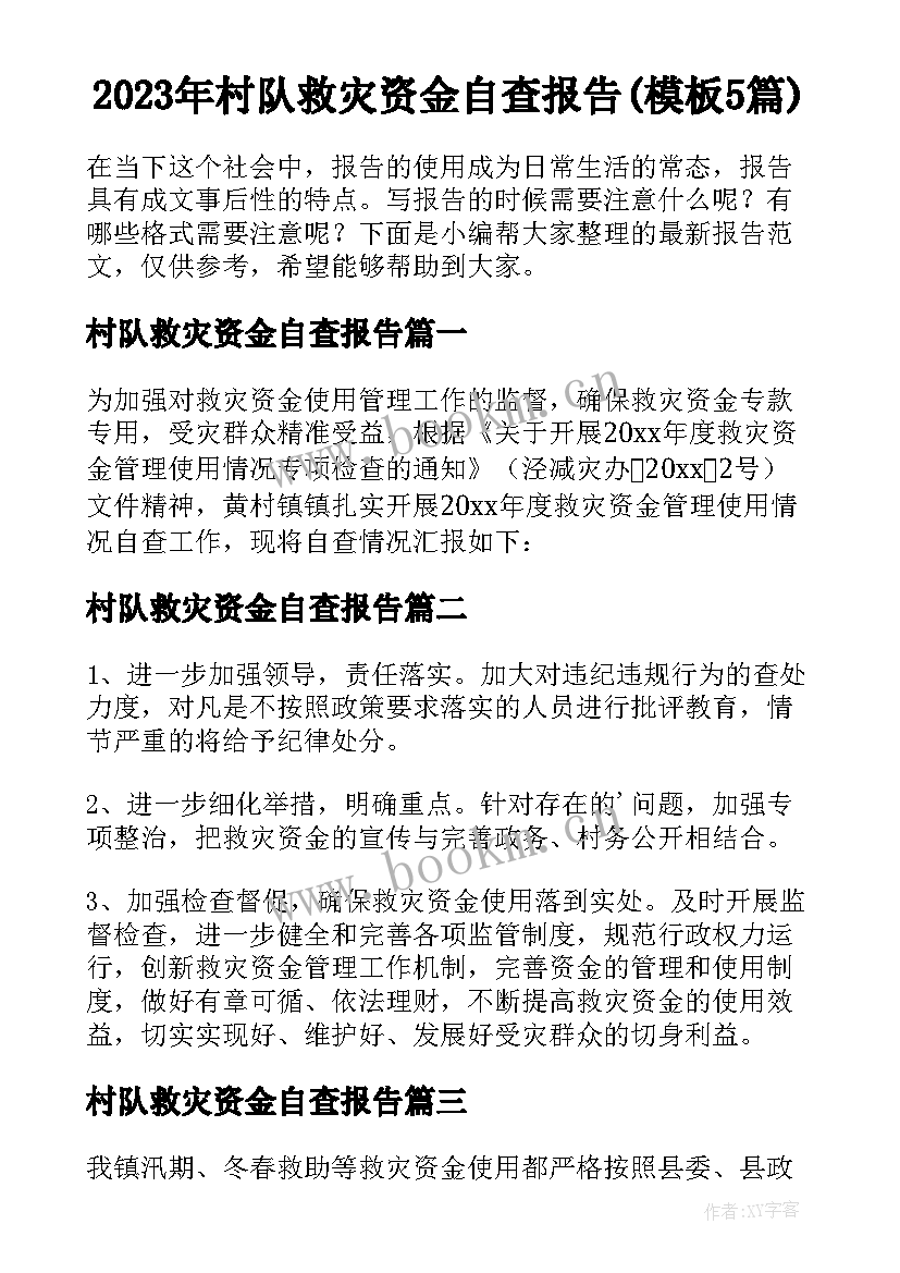 2023年村队救灾资金自查报告(模板5篇)