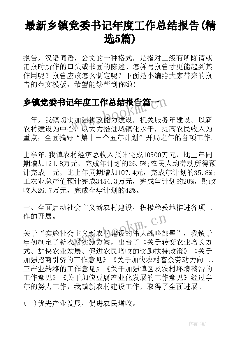 最新乡镇党委书记年度工作总结报告(精选5篇)