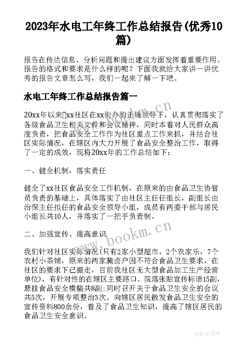 2023年水电工年终工作总结报告(优秀10篇)