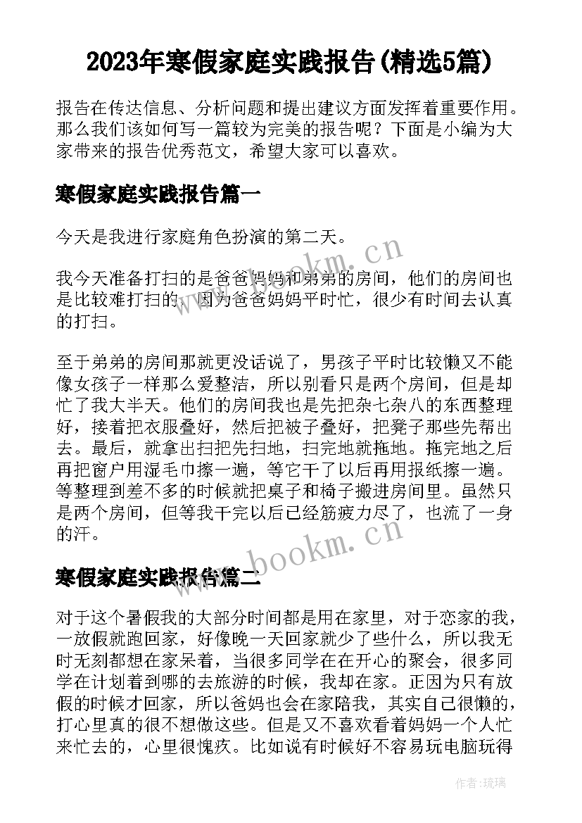 2023年寒假家庭实践报告(精选5篇)