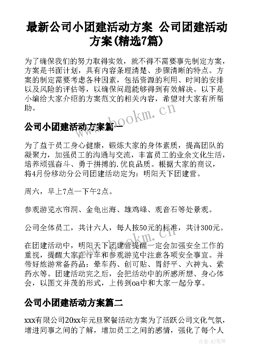 最新公司小团建活动方案 公司团建活动方案(精选7篇)