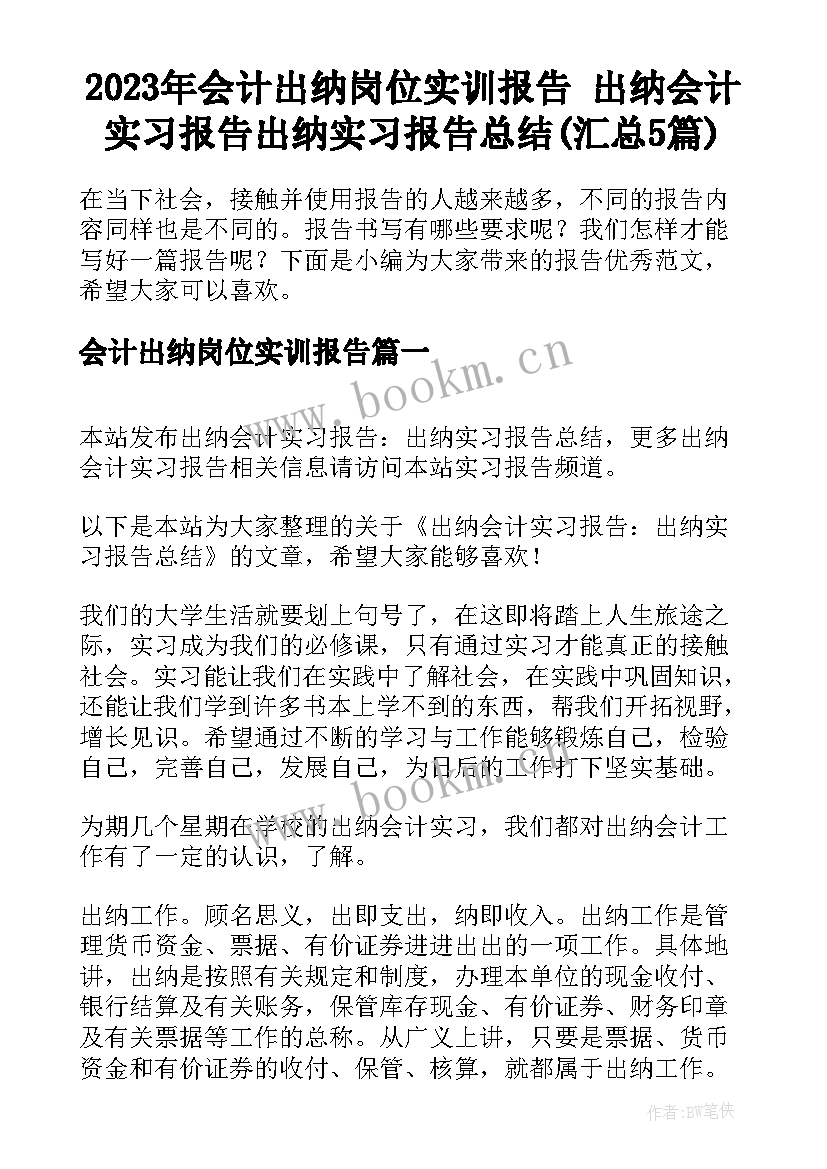 2023年会计出纳岗位实训报告 出纳会计实习报告出纳实习报告总结(汇总5篇)