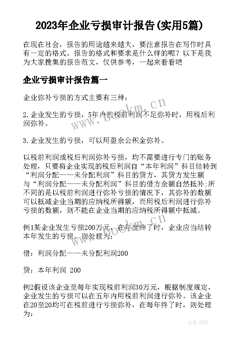 2023年企业亏损审计报告(实用5篇)