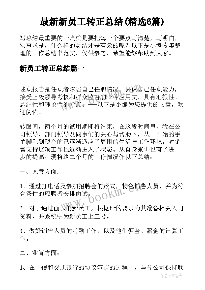 最新新员工转正总结(精选6篇)