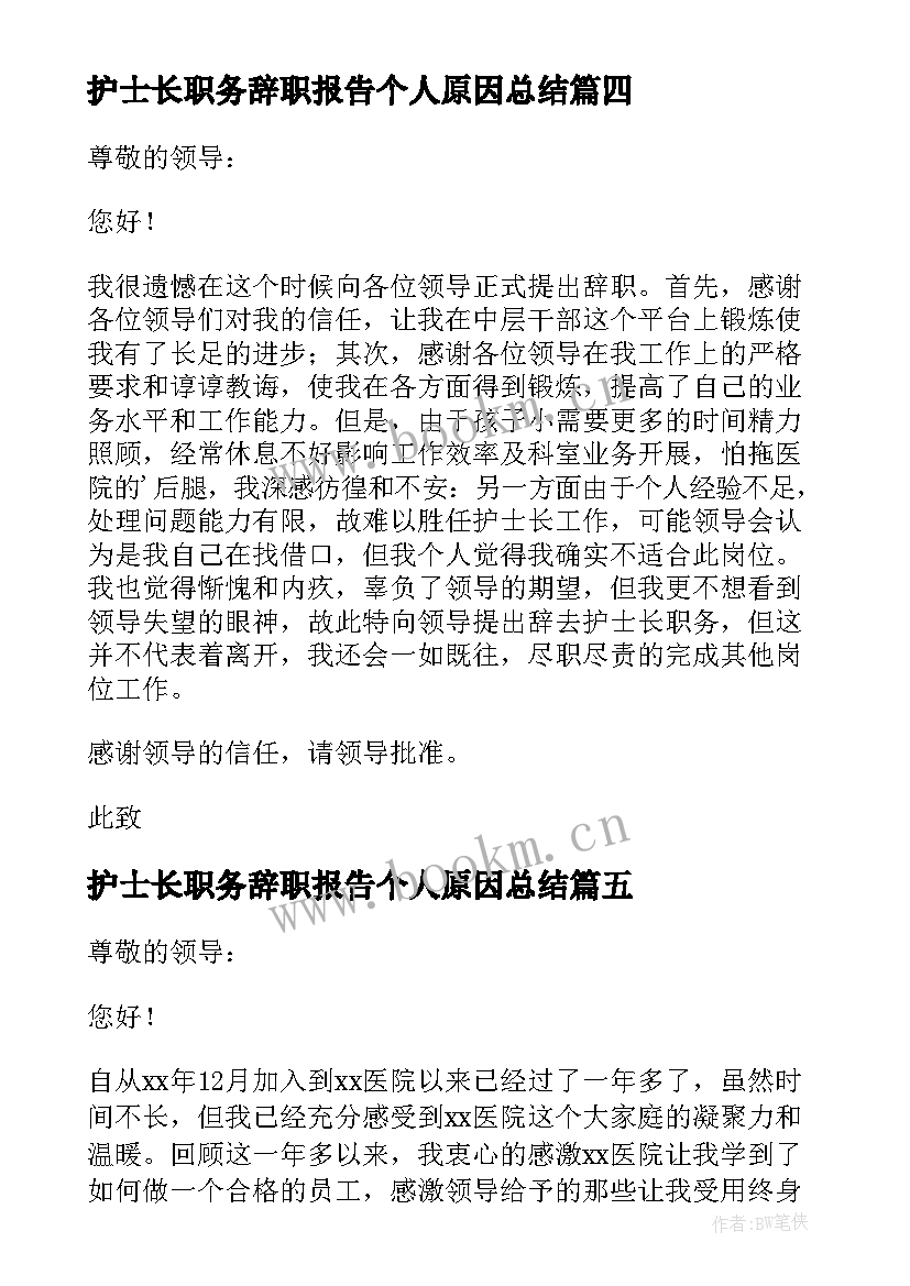 护士长职务辞职报告个人原因总结(通用5篇)