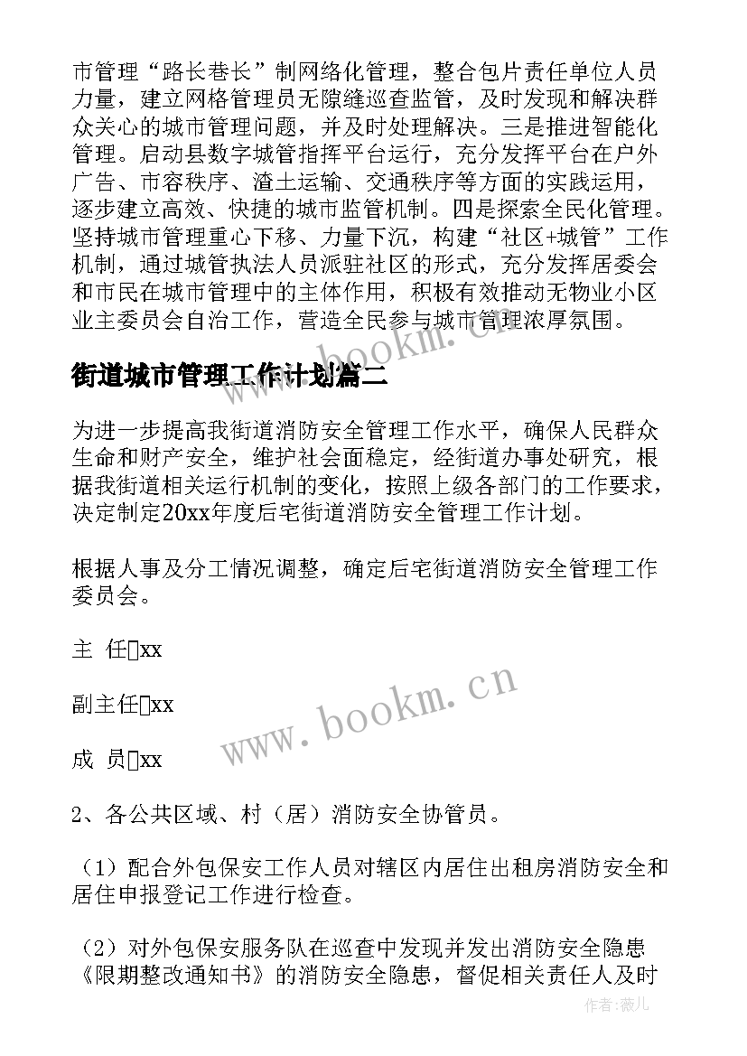 街道城市管理工作计划(精选9篇)