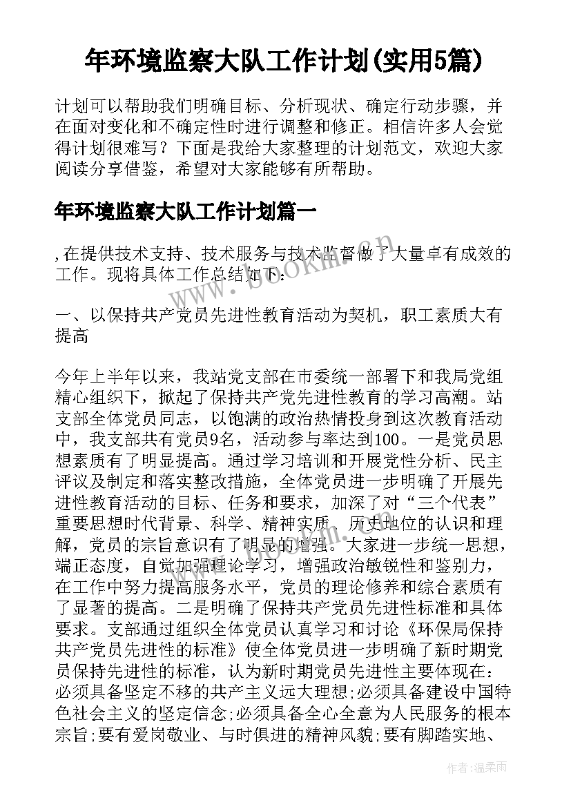 年环境监察大队工作计划(实用5篇)