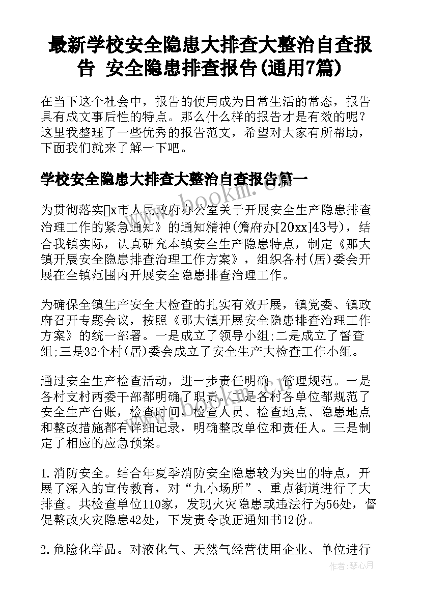 最新学校安全隐患大排查大整治自查报告 安全隐患排查报告(通用7篇)