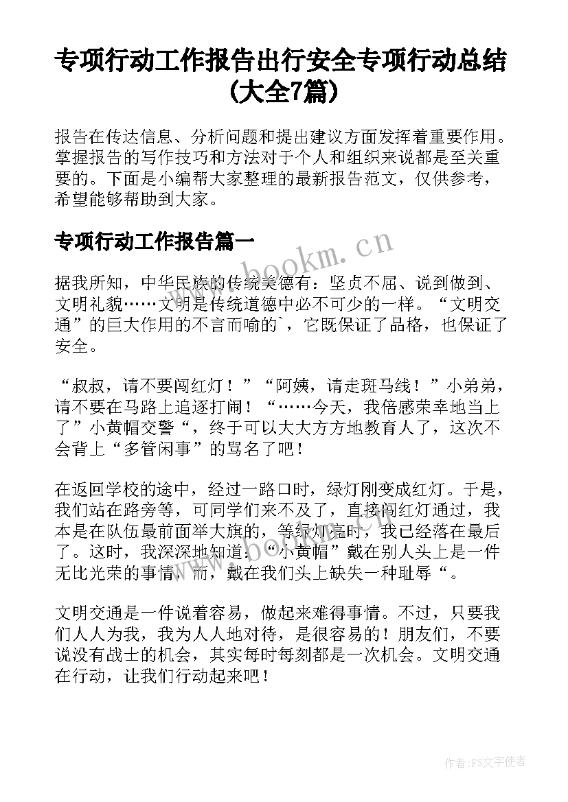 专项行动工作报告 出行安全专项行动总结(大全7篇)