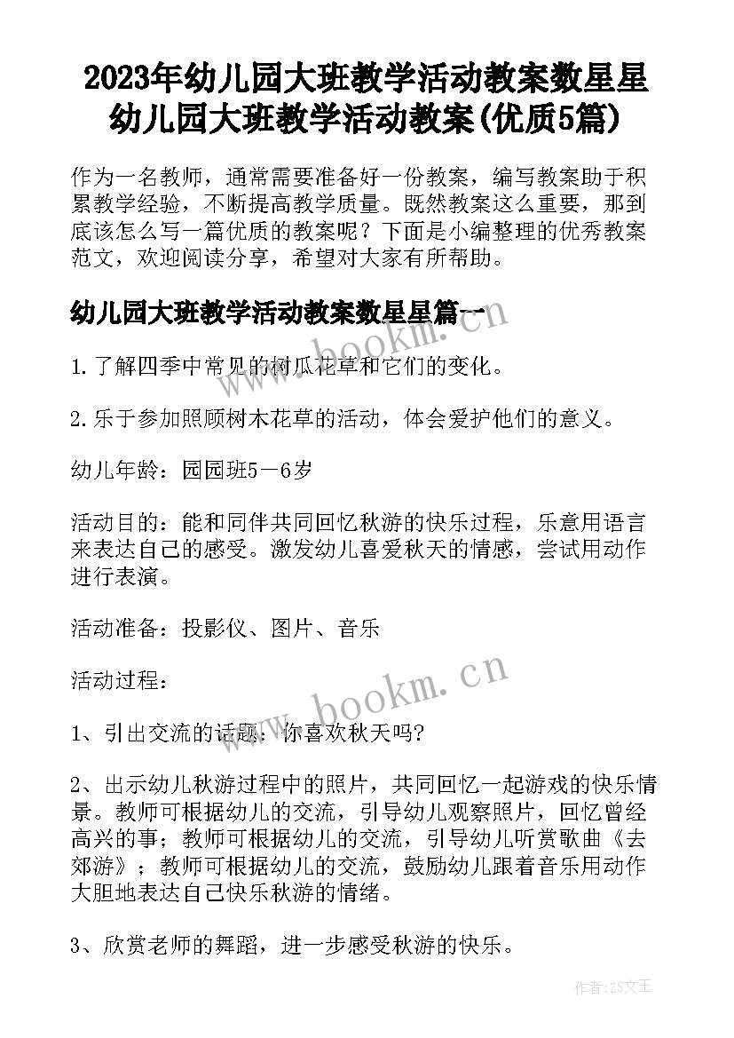 2023年幼儿园大班教学活动教案数星星 幼儿园大班教学活动教案(优质5篇)