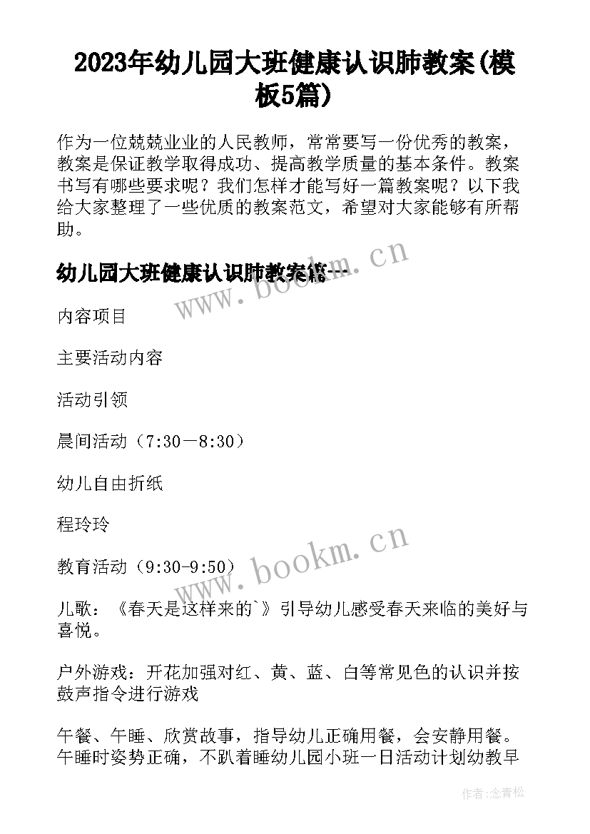 2023年幼儿园大班健康认识肺教案(模板5篇)