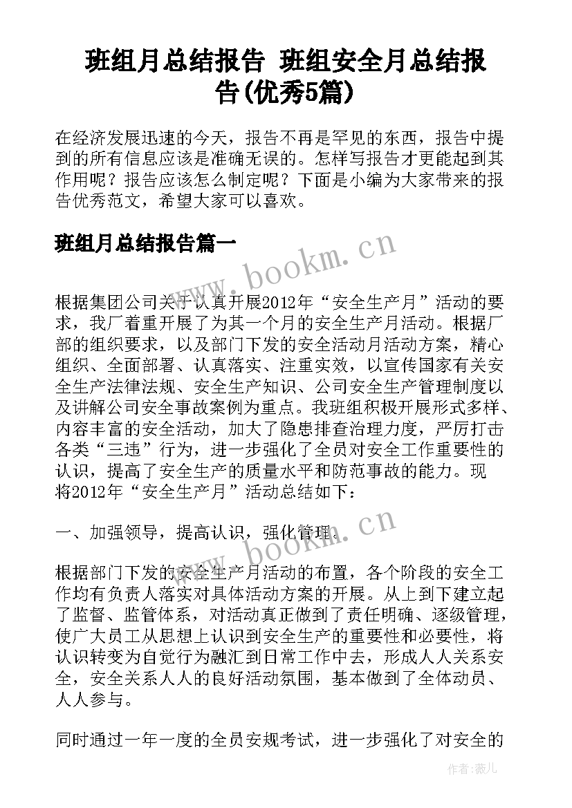 班组月总结报告 班组安全月总结报告(优秀5篇)