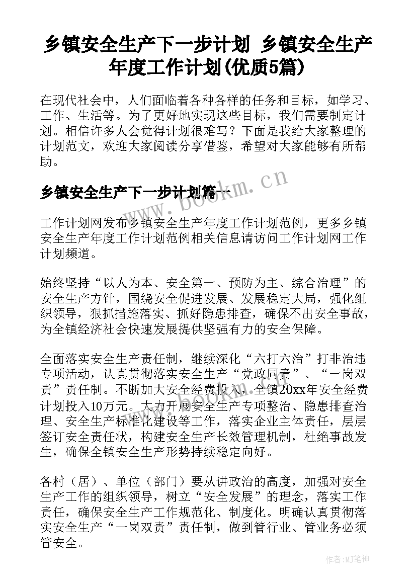 乡镇安全生产下一步计划 乡镇安全生产年度工作计划(优质5篇)