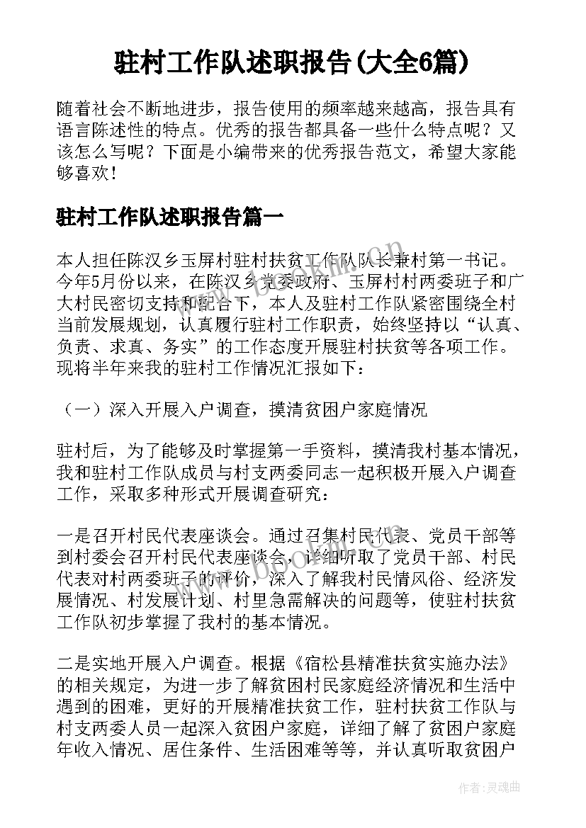 驻村工作队述职报告(大全6篇)