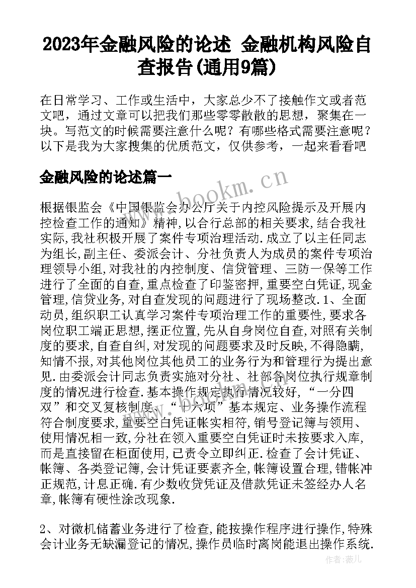 2023年金融风险的论述 金融机构风险自查报告(通用9篇)