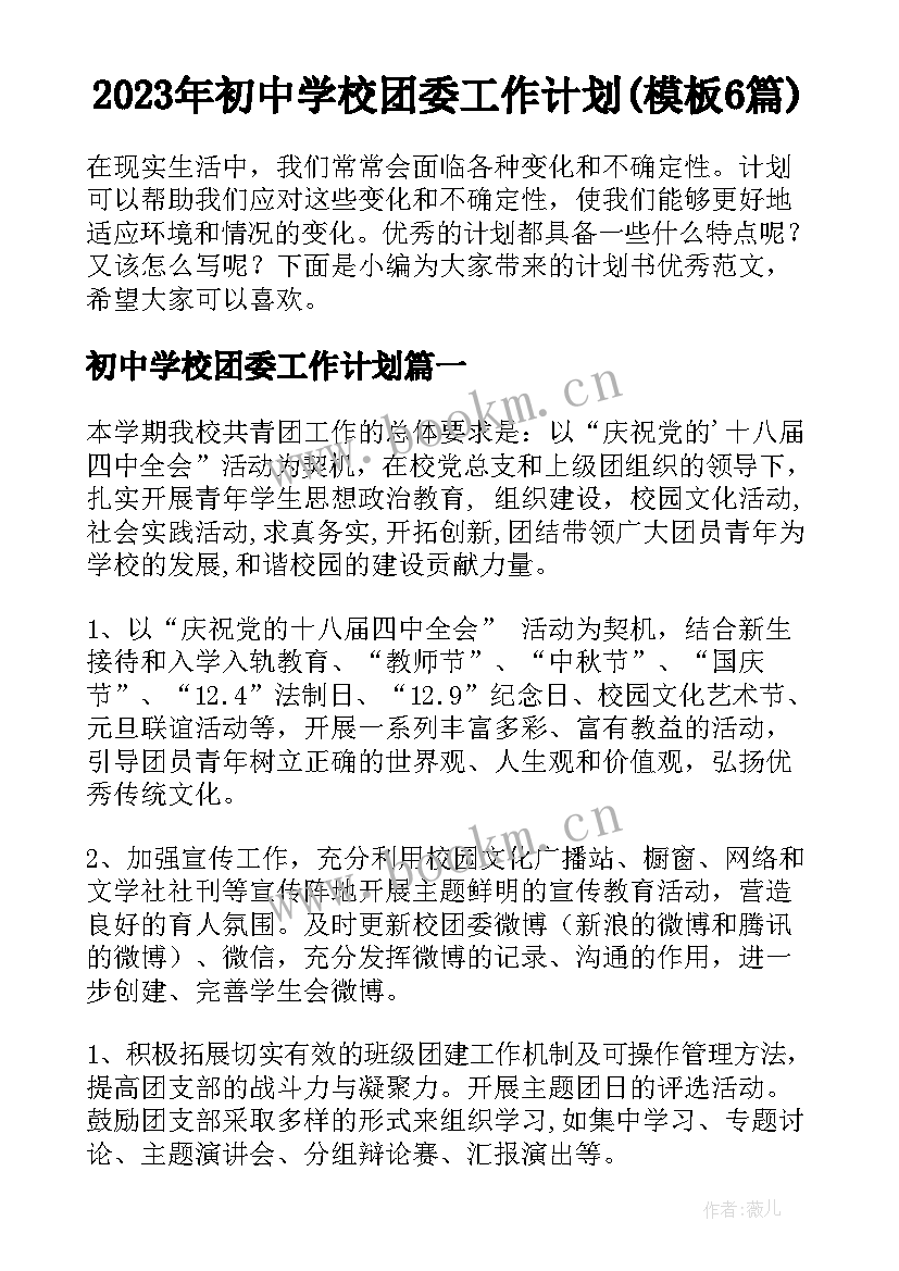 2023年初中学校团委工作计划(模板6篇)